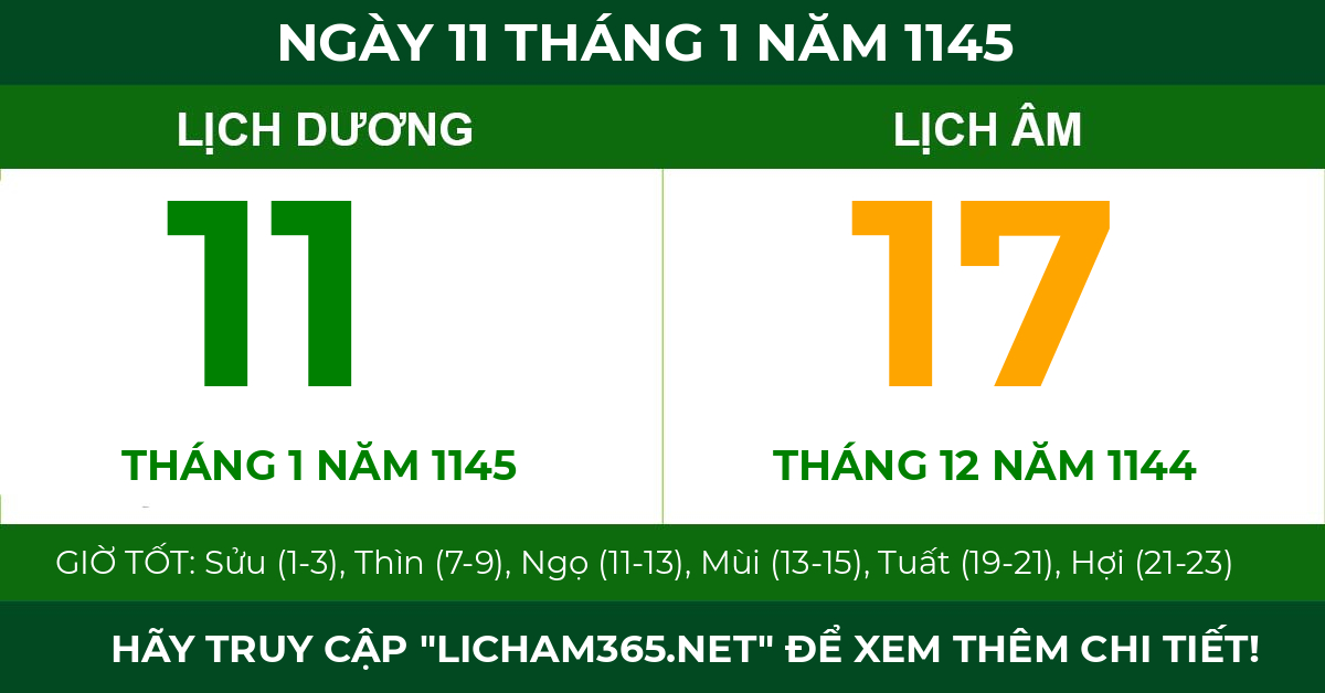lịch âm ngày 11 tháng 1 năm 1145