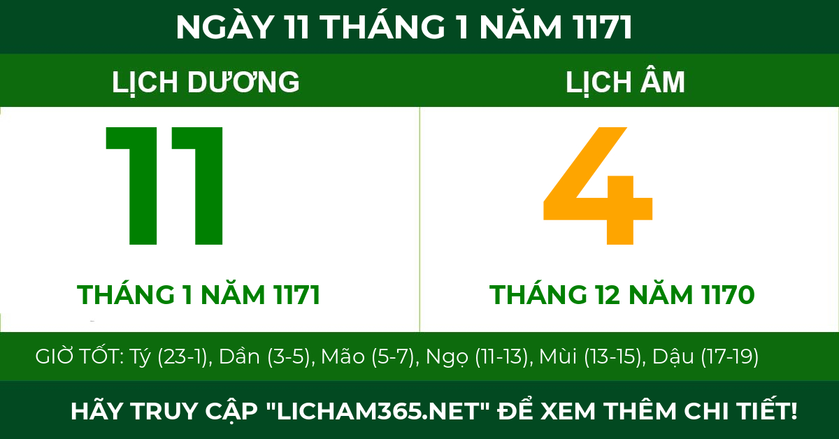 lịch âm ngày 11 tháng 1 năm 1171
