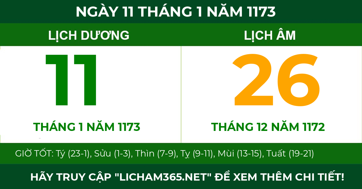 lịch âm ngày 11 tháng 1 năm 1173
