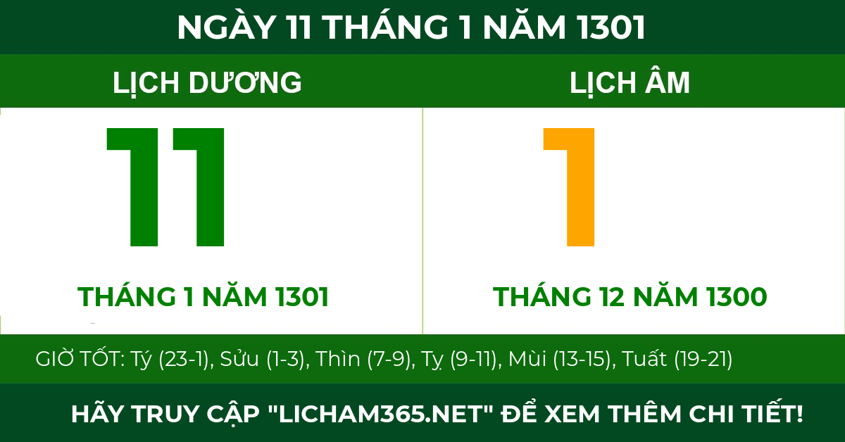 lịch âm ngày 11 tháng 1 năm 1301