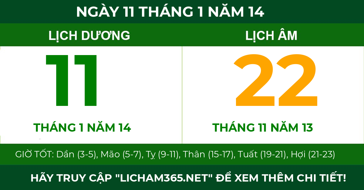 lịch âm ngày 11 tháng 1 năm 14