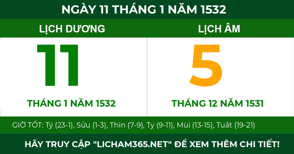 lịch âm ngày 11 tháng 1 năm 1532