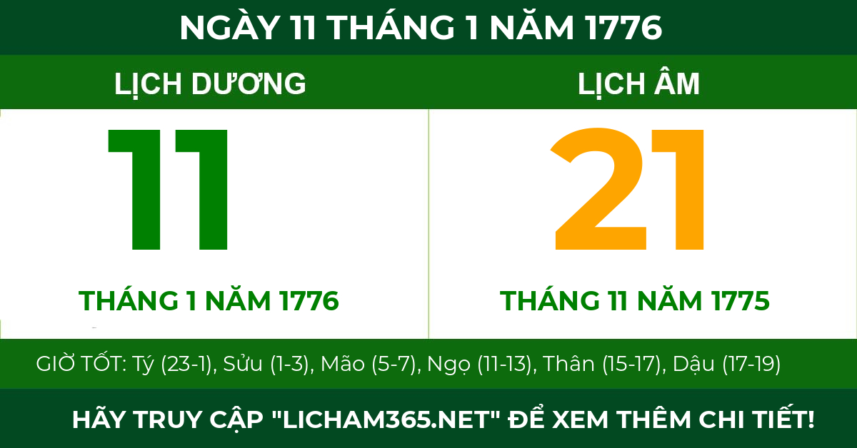 lịch âm ngày 11 tháng 1 năm 1776