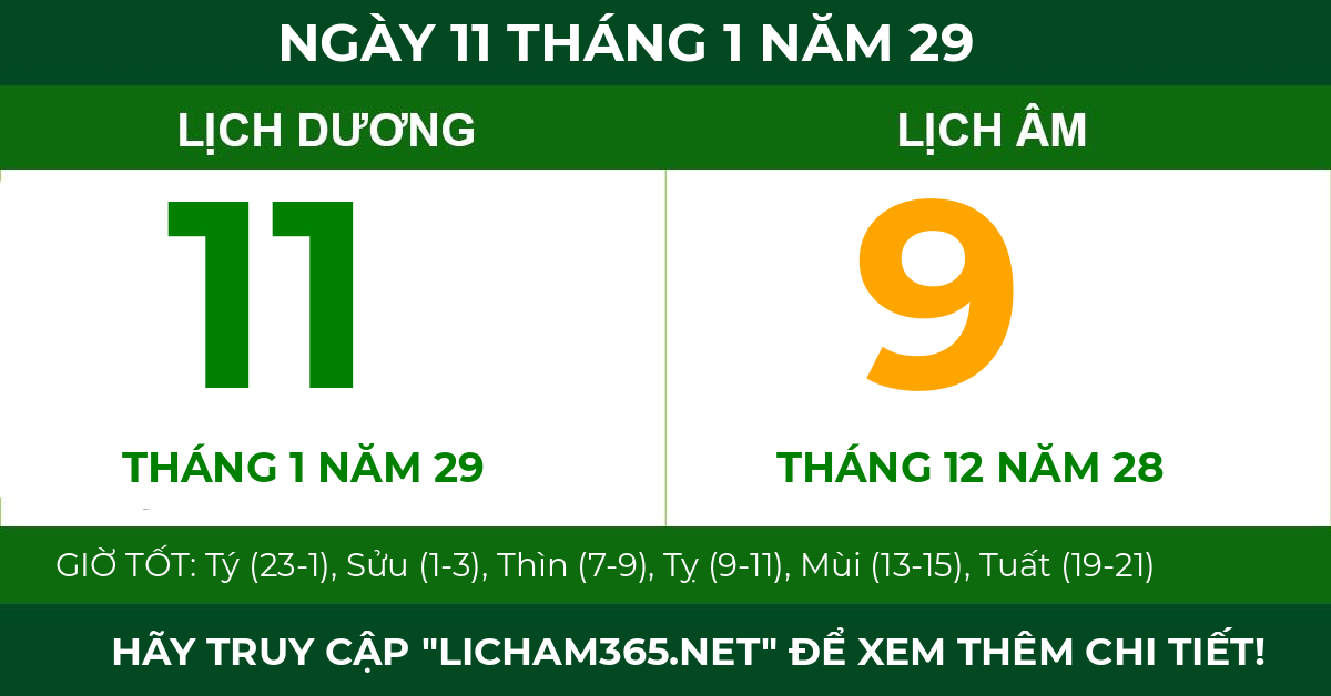 lịch âm ngày 11 tháng 1 năm 29