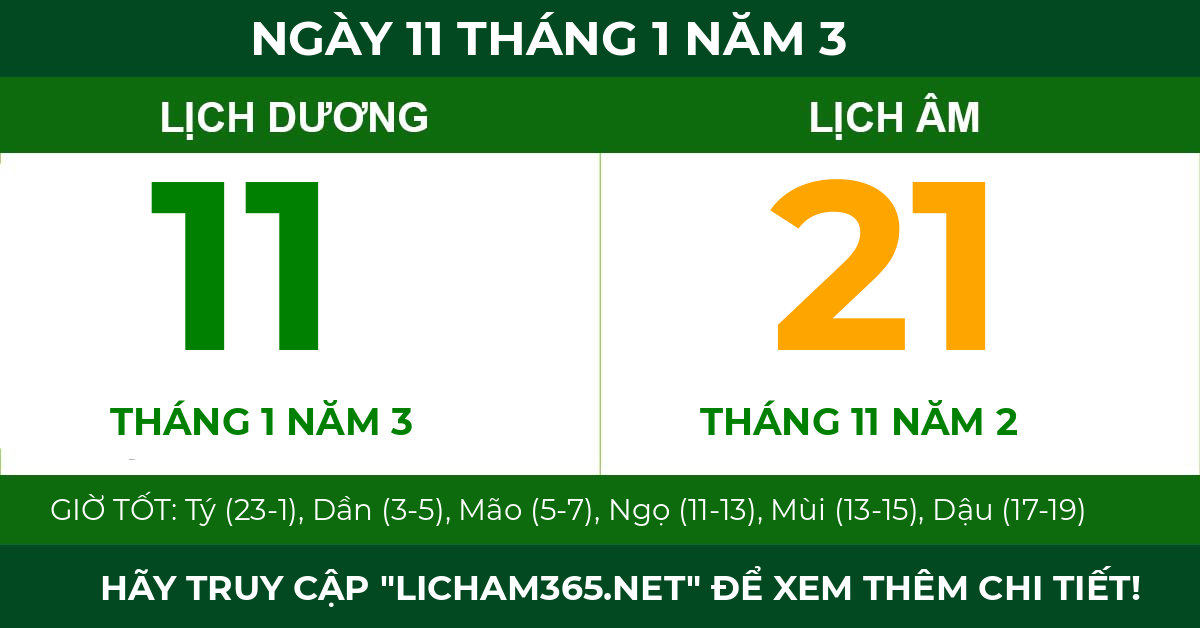 lịch âm ngày 11 tháng 1 năm 3