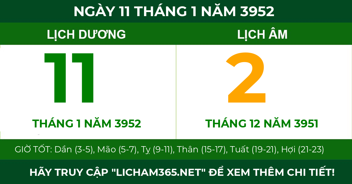 lịch âm ngày 11 tháng 1 năm 3952