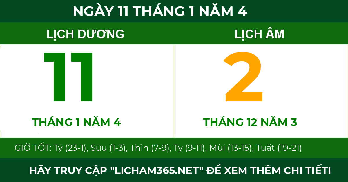 lịch âm ngày 11 tháng 1 năm 4