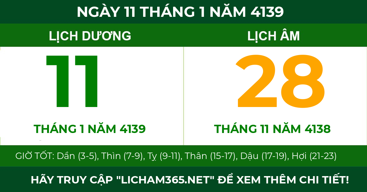 lịch âm ngày 11 tháng 1 năm 4139