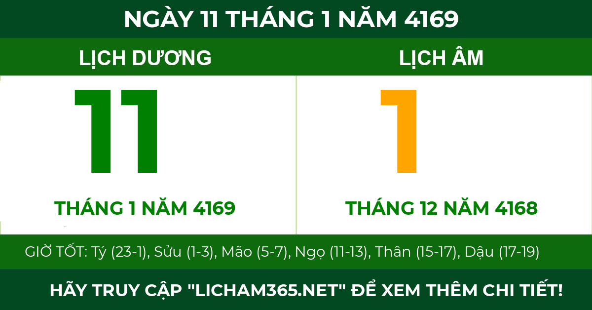 lịch âm ngày 11 tháng 1 năm 4169