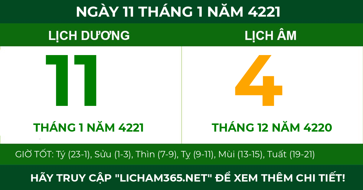 lịch âm ngày 11 tháng 1 năm 4221