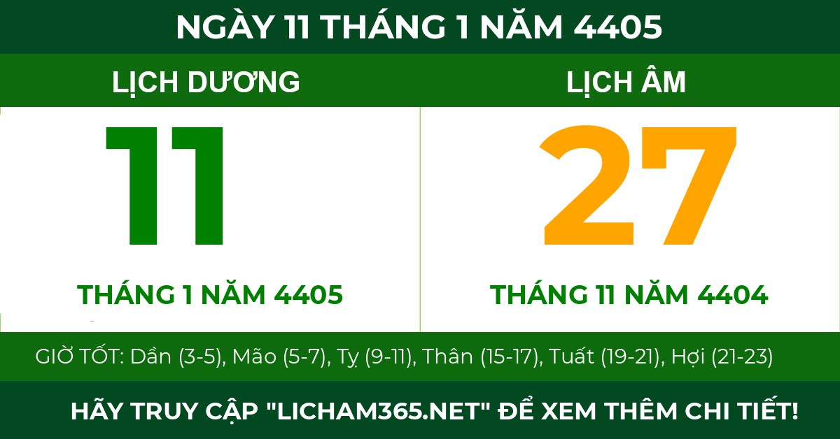 lịch âm ngày 11 tháng 1 năm 4405