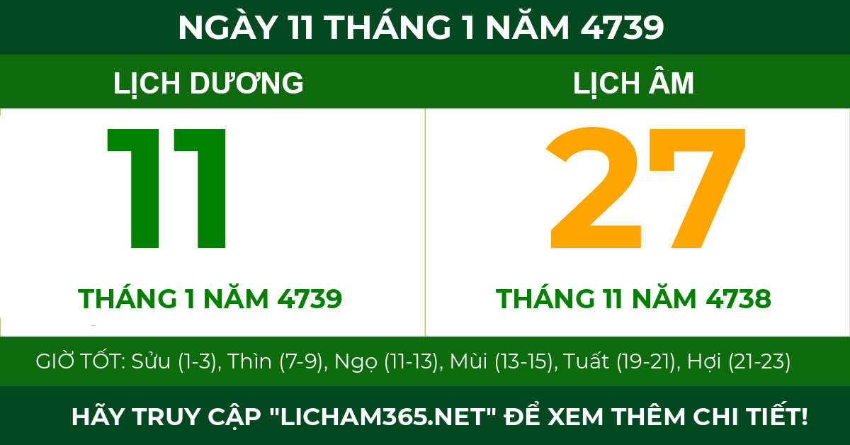 lịch âm ngày 11 tháng 1 năm 4739