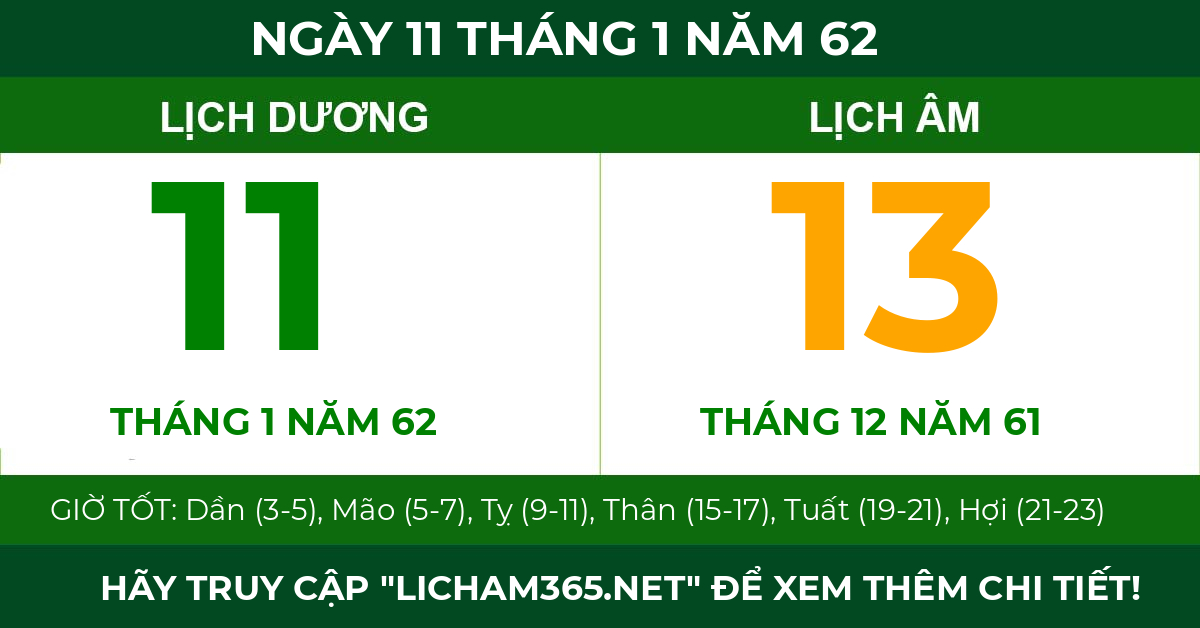 lịch âm ngày 11 tháng 1 năm 62