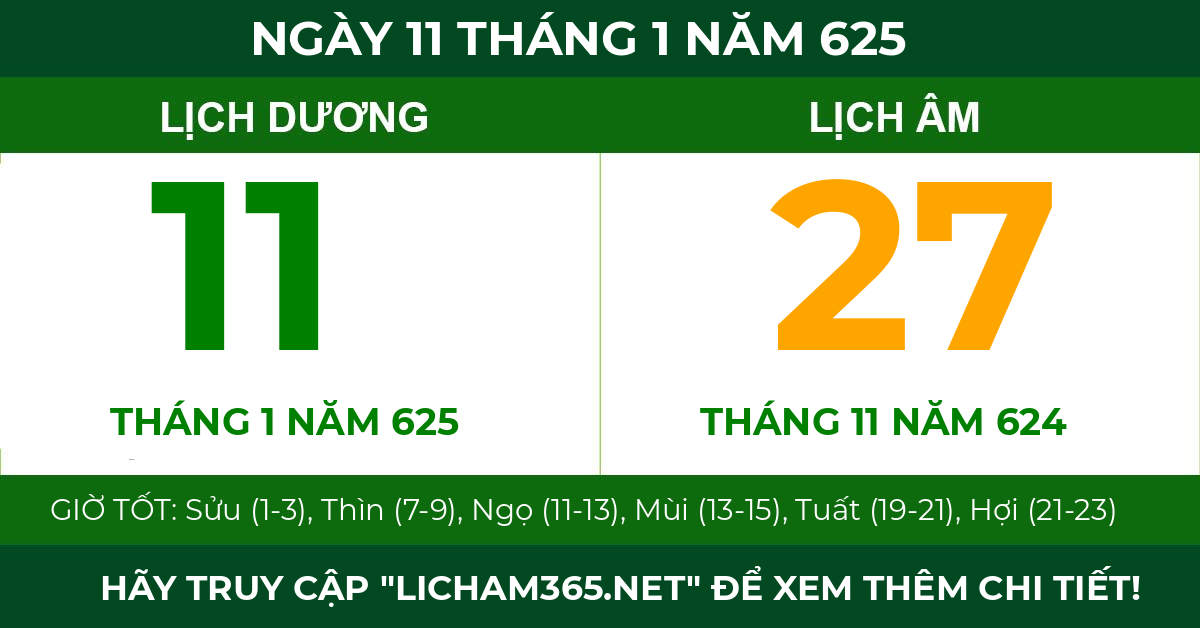 lịch âm ngày 11 tháng 1 năm 625
