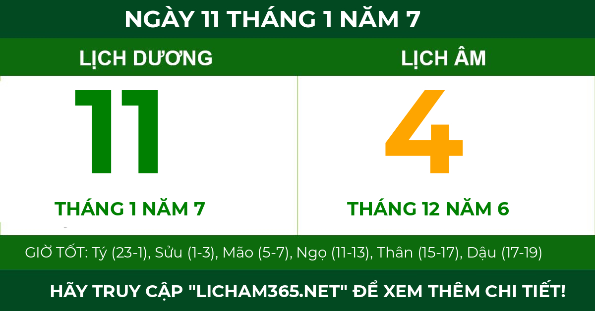 lịch âm ngày 11 tháng 1 năm 7