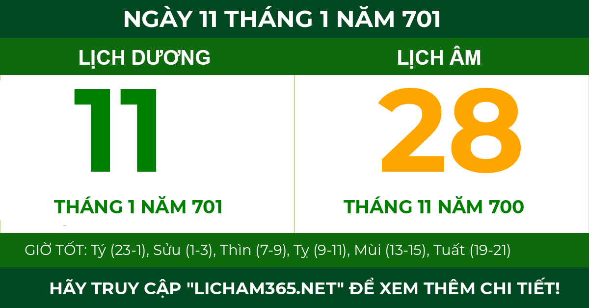 lịch âm ngày 11 tháng 1 năm 701