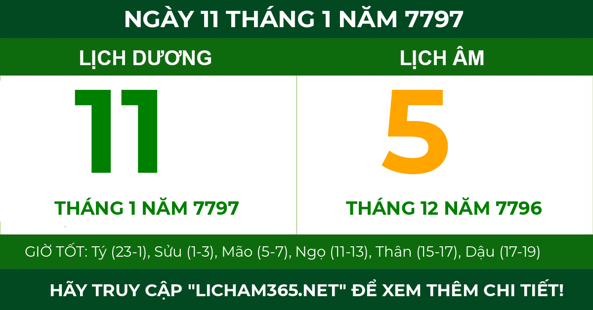 lịch âm ngày 11 tháng 1 năm 7797