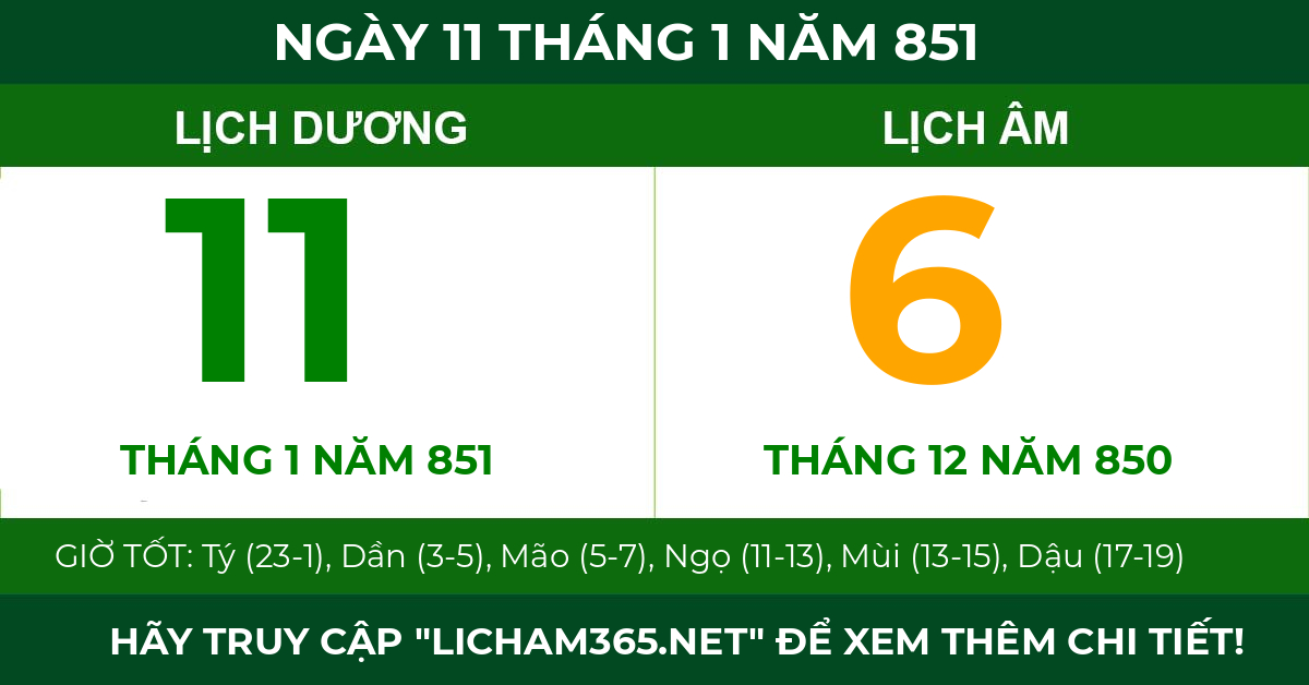lịch âm ngày 11 tháng 1 năm 851