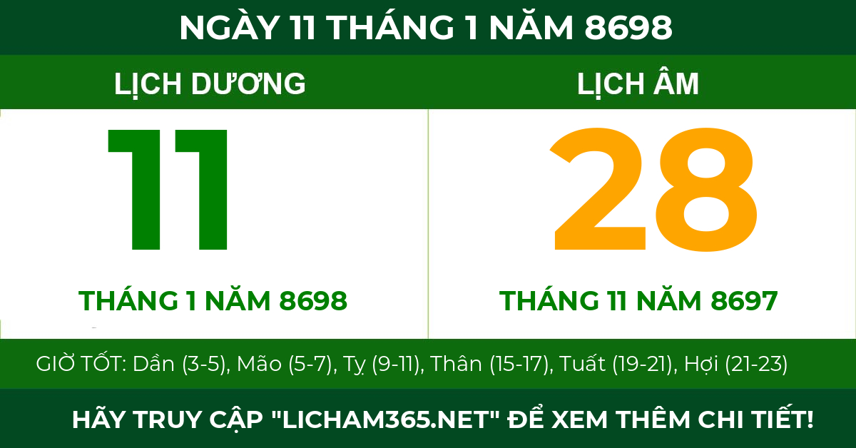 lịch âm ngày 11 tháng 1 năm 8698