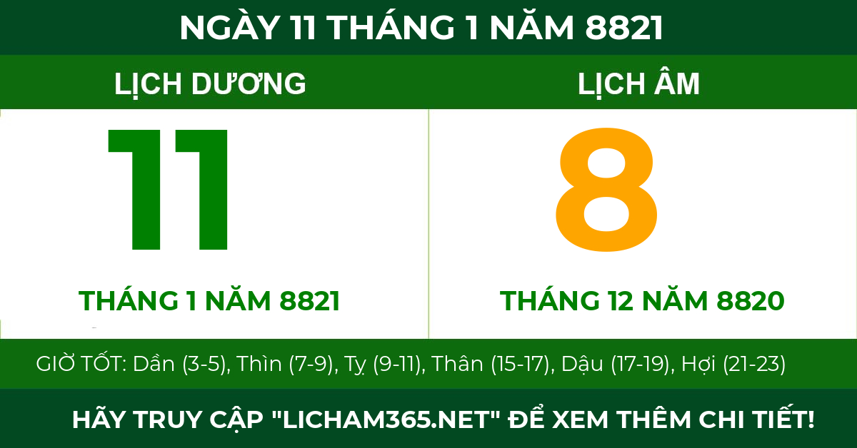 lịch âm ngày 11 tháng 1 năm 8821