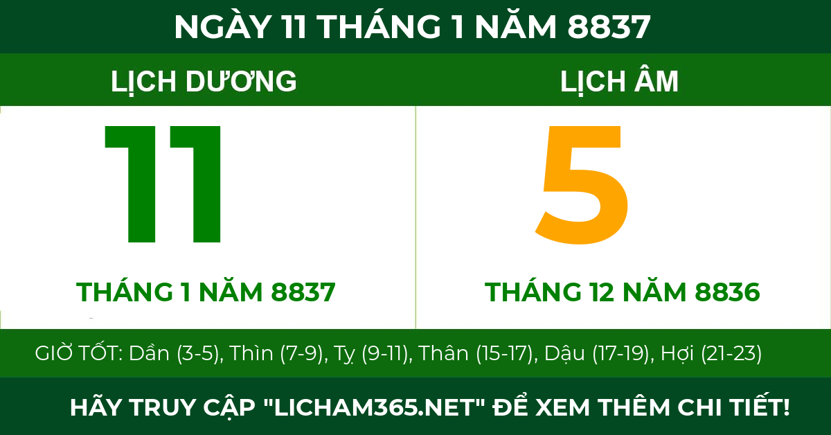 lịch âm ngày 11 tháng 1 năm 8837