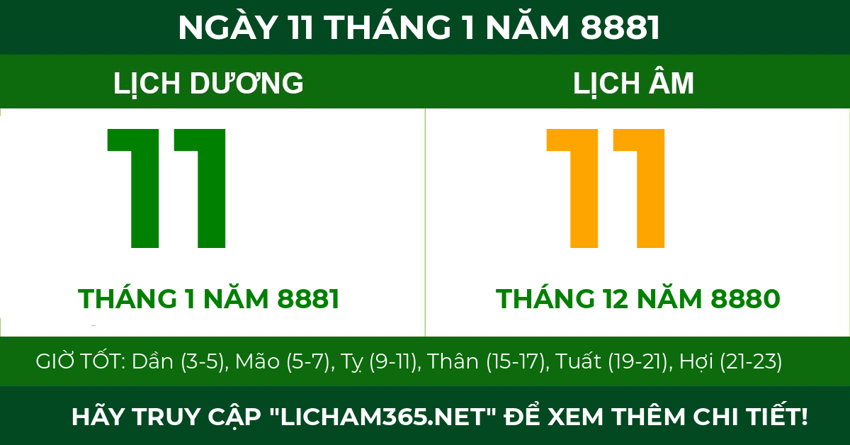 lịch âm ngày 11 tháng 1 năm 8881