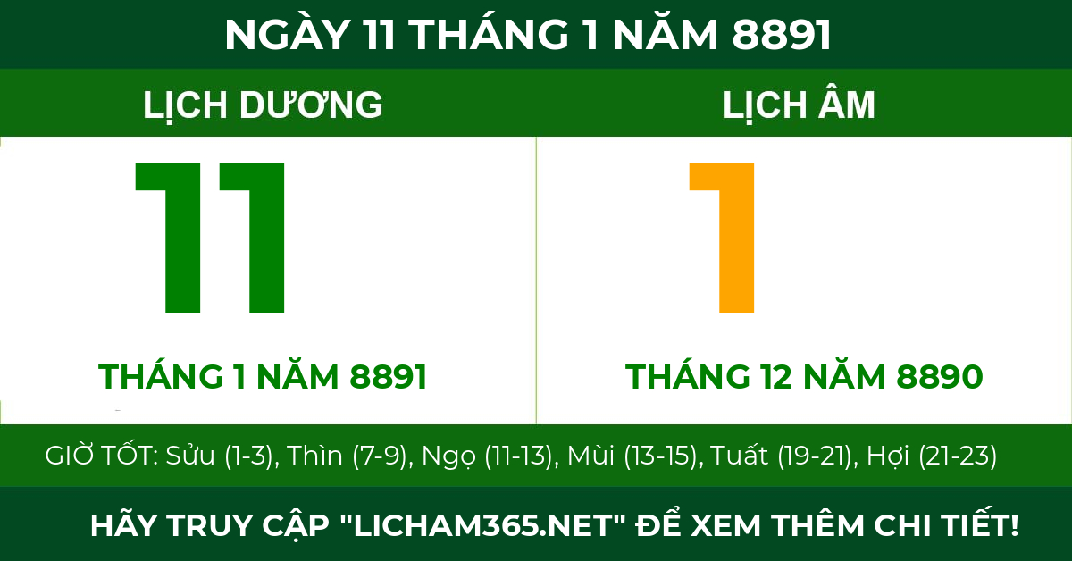 lịch âm ngày 11 tháng 1 năm 8891