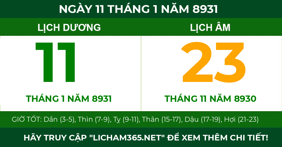lịch âm ngày 11 tháng 1 năm 8931