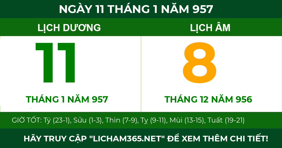 lịch âm ngày 11 tháng 1 năm 957