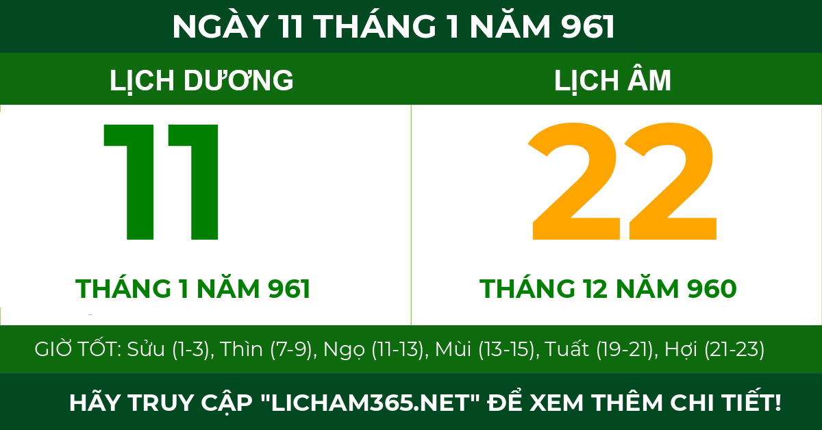 lịch âm ngày 11 tháng 1 năm 961