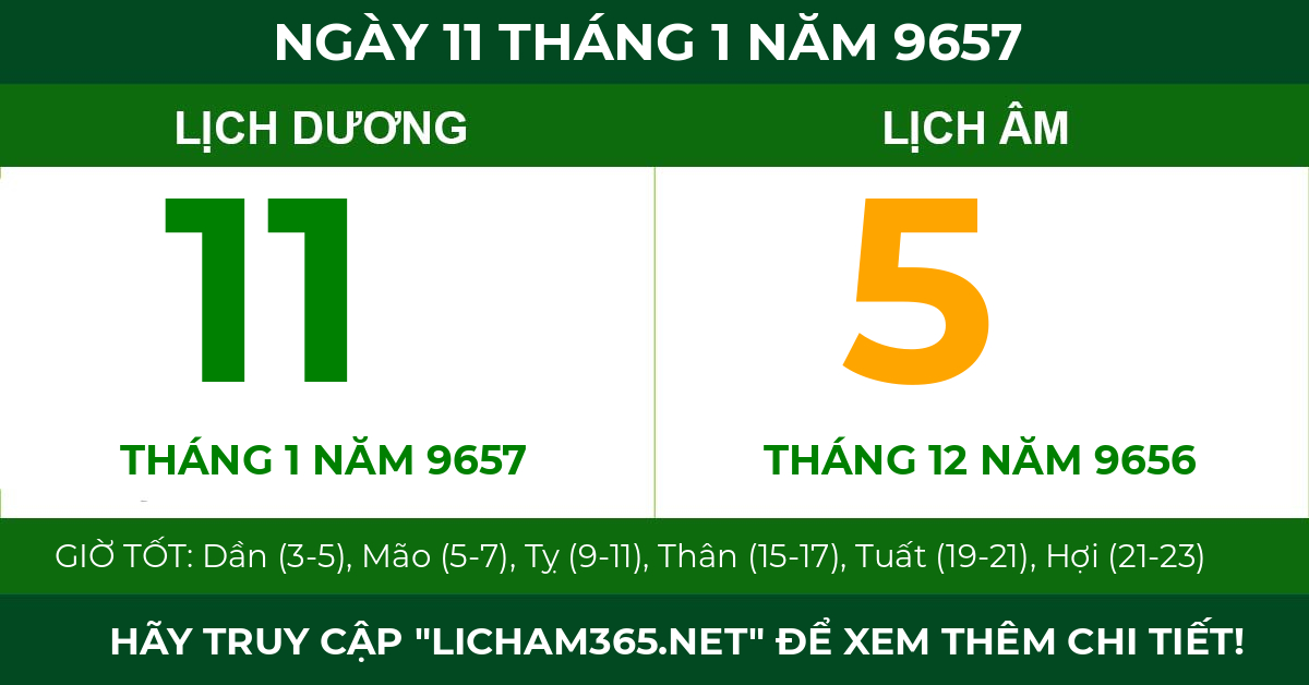 lịch âm ngày 11 tháng 1 năm 9657