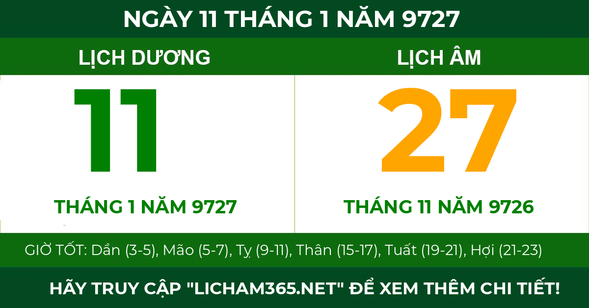 lịch âm ngày 11 tháng 1 năm 9727