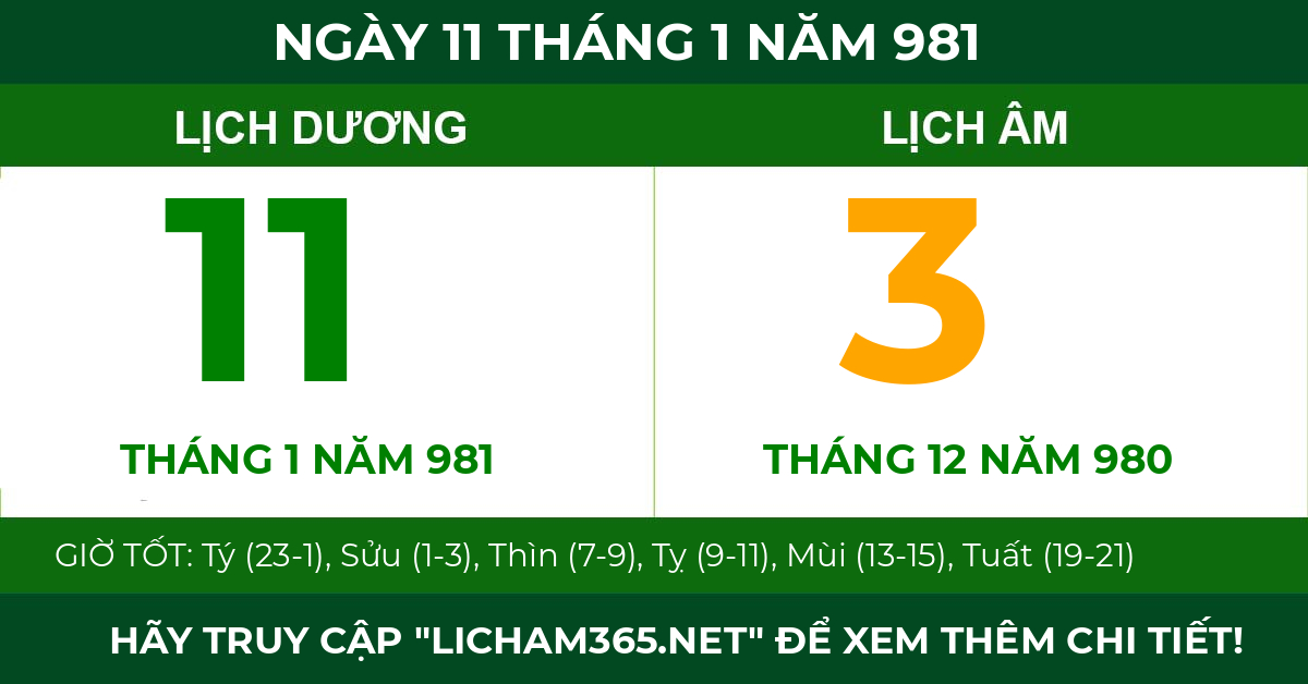 lịch âm ngày 11 tháng 1 năm 981