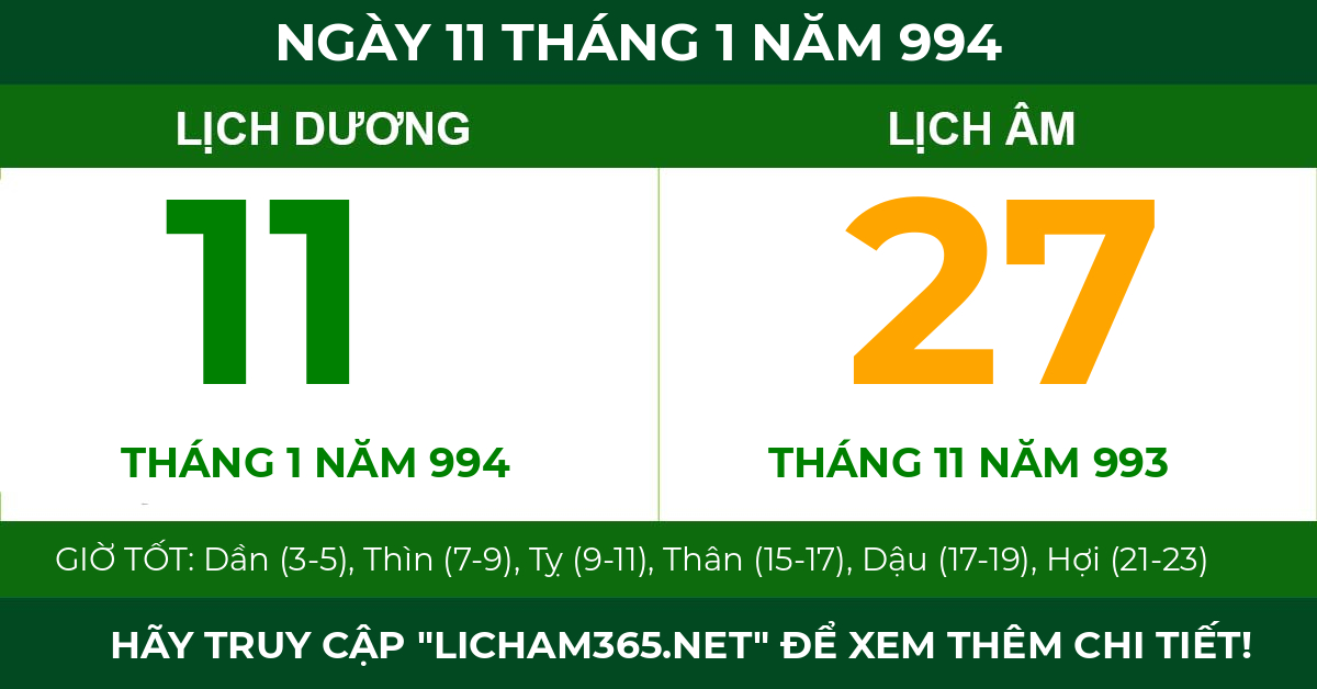 lịch âm ngày 11 tháng 1 năm 994