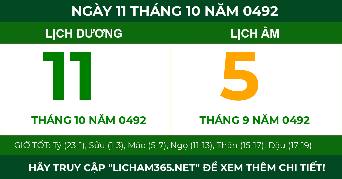 lịch âm ngày 11 tháng 10 năm 0492