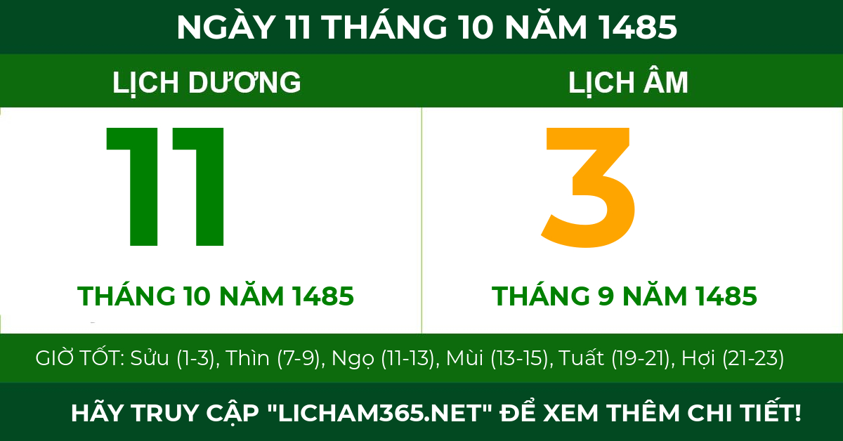 lịch âm ngày 11 tháng 10 năm 1485