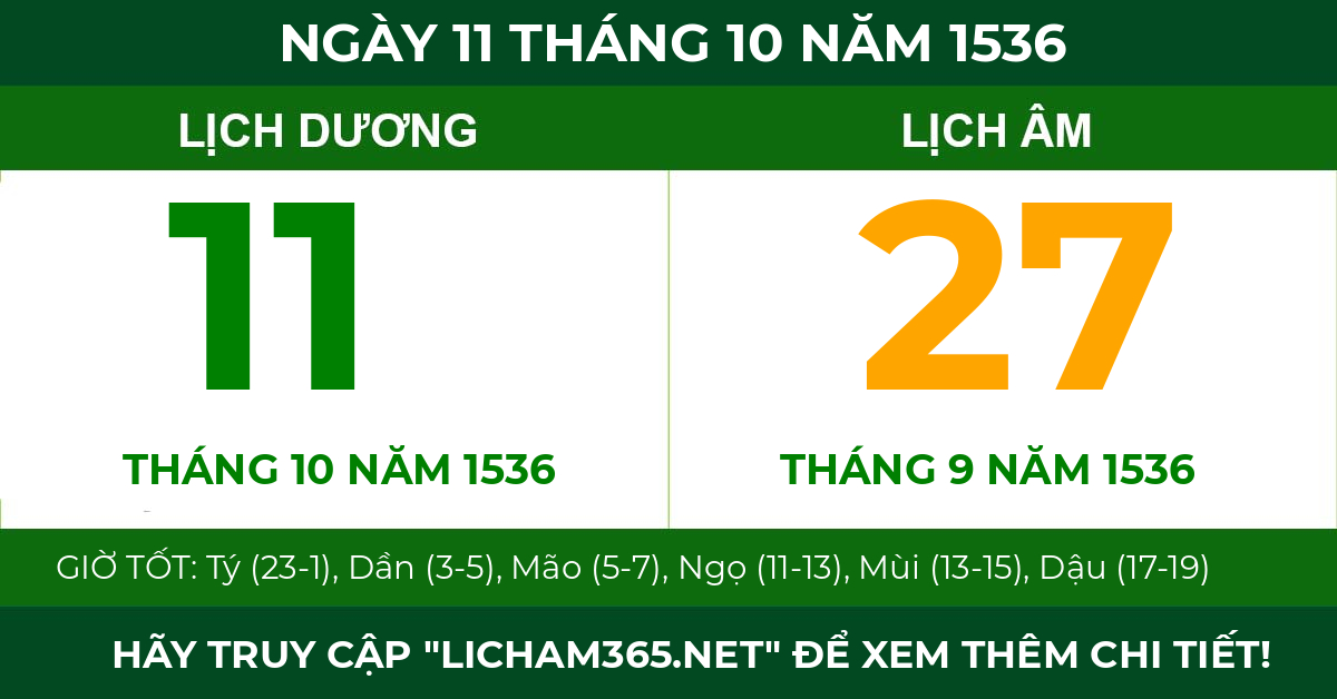 lịch âm ngày 11 tháng 10 năm 1536