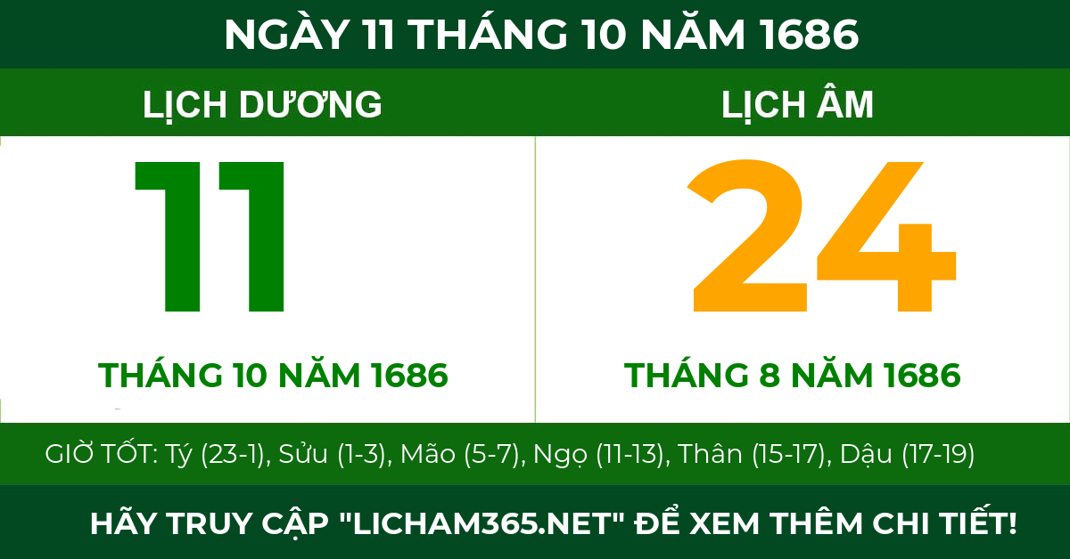 lịch âm ngày 11 tháng 10 năm 1686