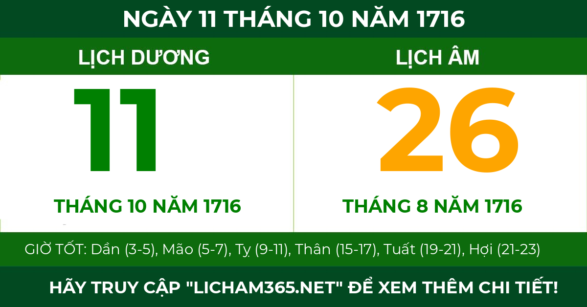 lịch âm ngày 11 tháng 10 năm 1716
