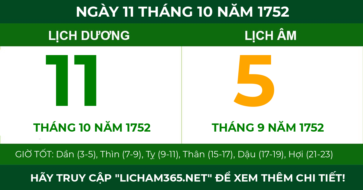 lịch âm ngày 11 tháng 10 năm 1752