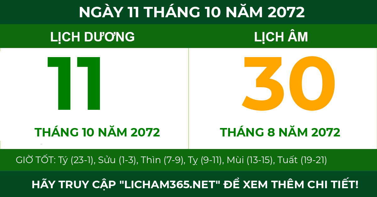 lịch âm ngày 11 tháng 10 năm 2072