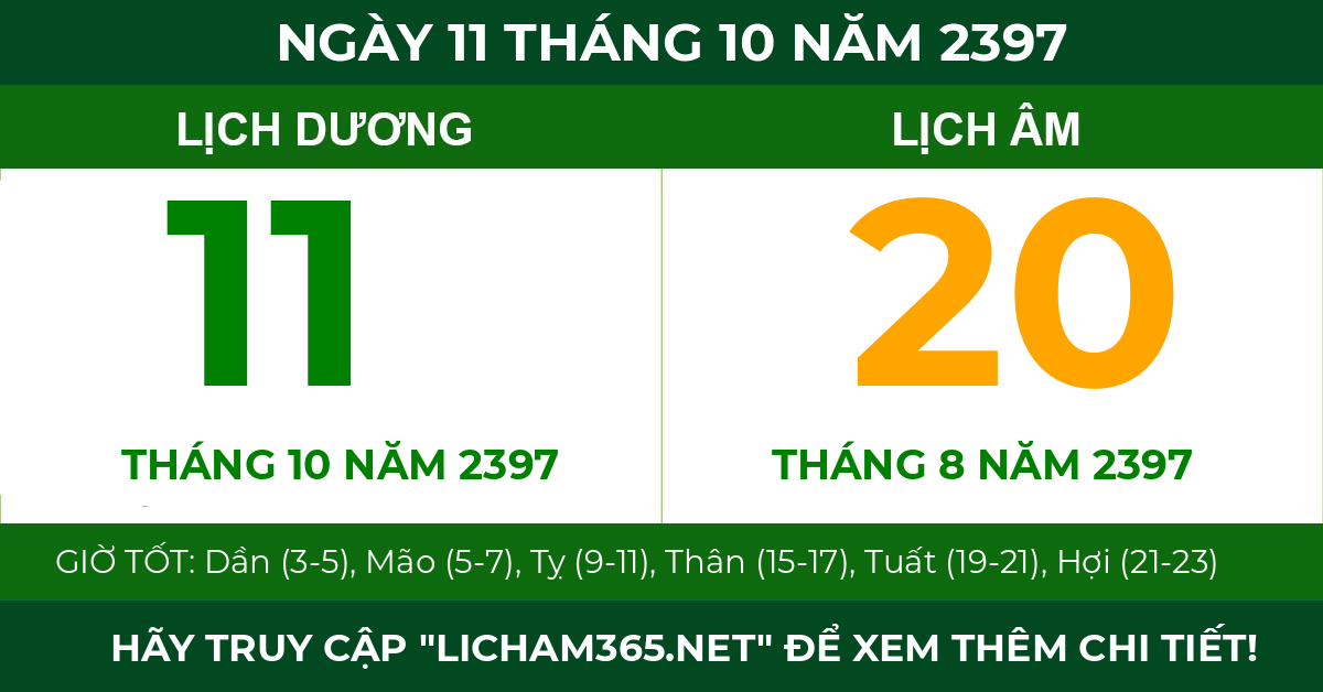 lịch âm ngày 11 tháng 10 năm 2397