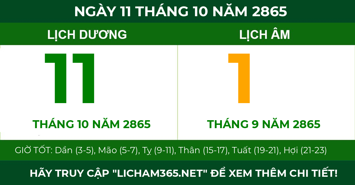 lịch âm ngày 11 tháng 10 năm 2865