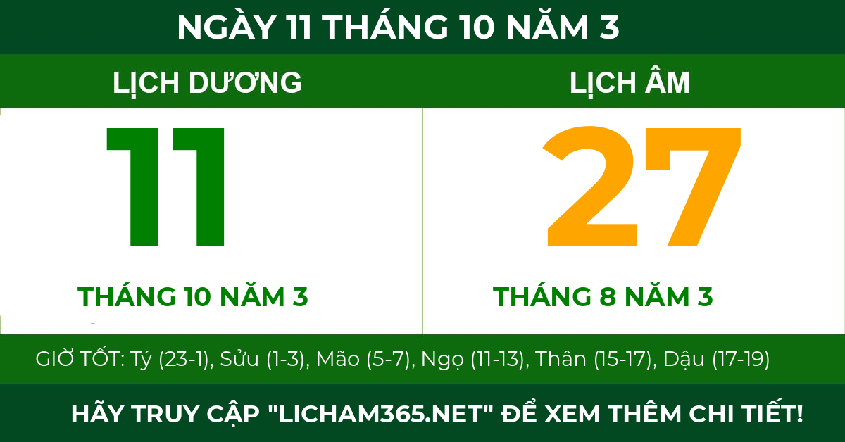 lịch âm ngày 11 tháng 10 năm 3