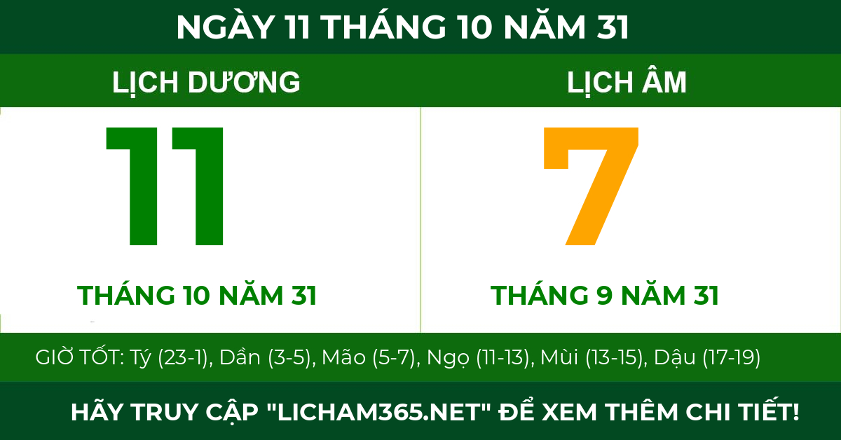lịch âm ngày 11 tháng 10 năm 31