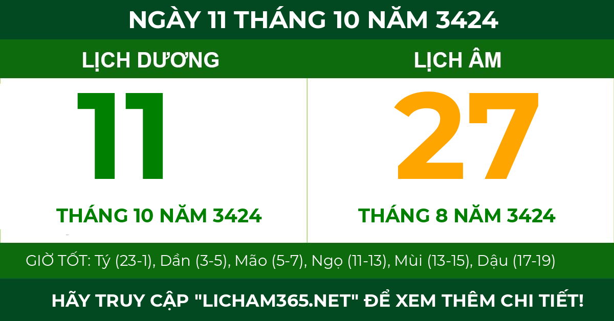 lịch âm ngày 11 tháng 10 năm 3424