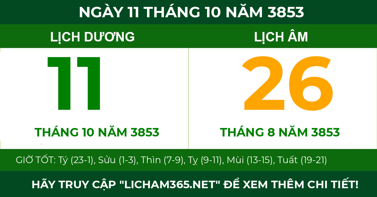 lịch âm ngày 11 tháng 10 năm 3853