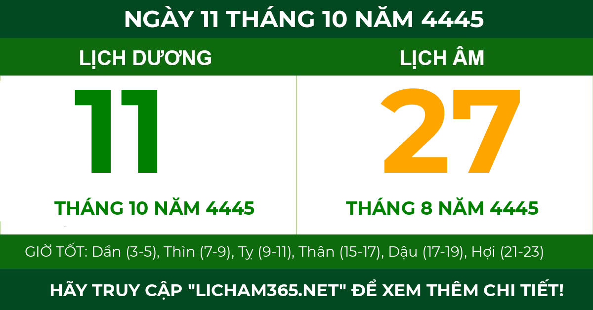 lịch âm ngày 11 tháng 10 năm 4445