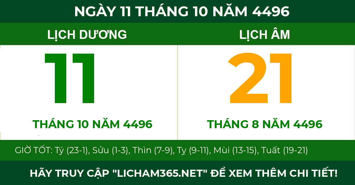 lịch âm ngày 11 tháng 10 năm 4496