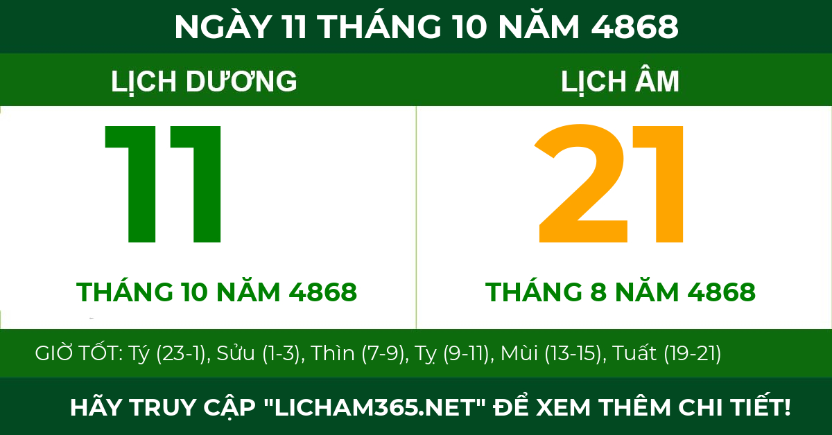 lịch âm ngày 11 tháng 10 năm 4868